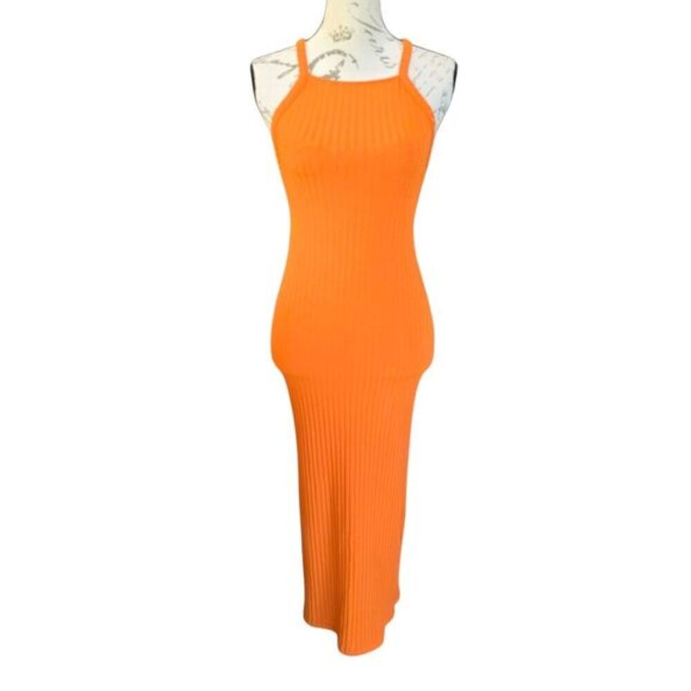 Zara Women's Orange Ribbed Midi Dress Halter‎ Neck Open Back Size Small
